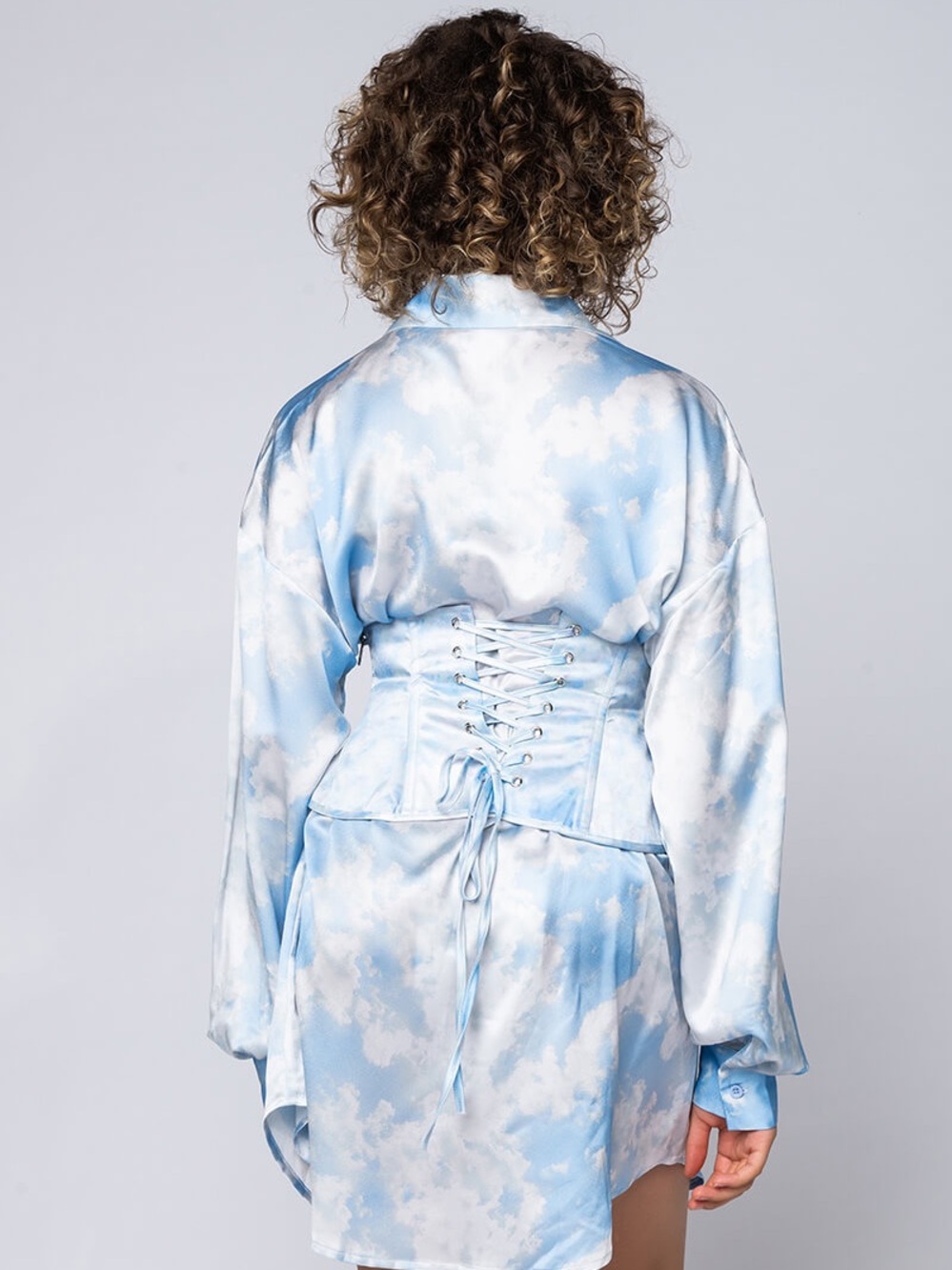 AKIRA Sky-Print Satin Corset Dress in Light Blue - Picture 6 of 17